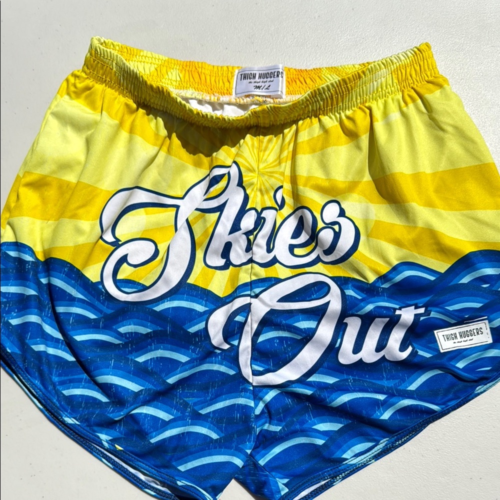 Men's Thigh Huggers Yellow and Blue "Skies Out" Shorts